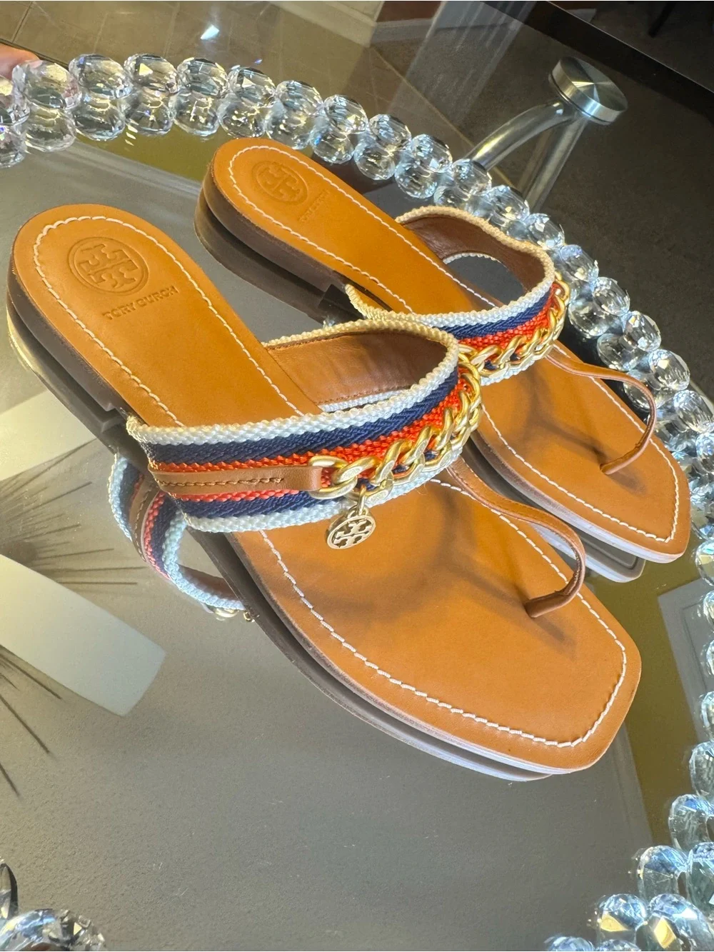 Tory Burch Mini Benton Chain Band Sandal Calf Leather / Webbing. Size 8